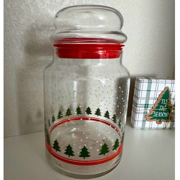 Vintage Christmas Tree Glass Canister Jar w/ Red Lid | Holiday Kitchen Decor - Picture 5 of 7